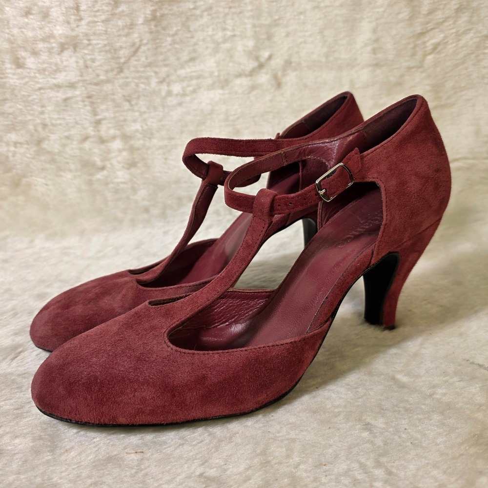 Sundance T-Strap Pumps Burgundy Wine Italian Suede Leather Womens 40 9